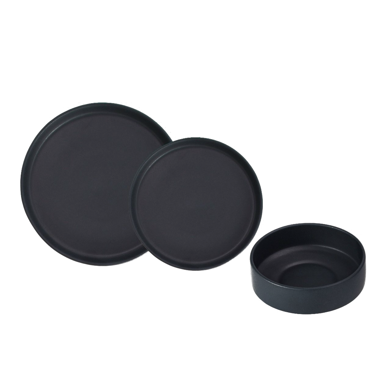 Set 3 Piese Ceramica Vulcano Negru Mat Carbon (  Farfurie Mare 25cm, Farfurie Mica 20 cm   Bol 15 cm diametru, 5cm inaltime,   400ml)