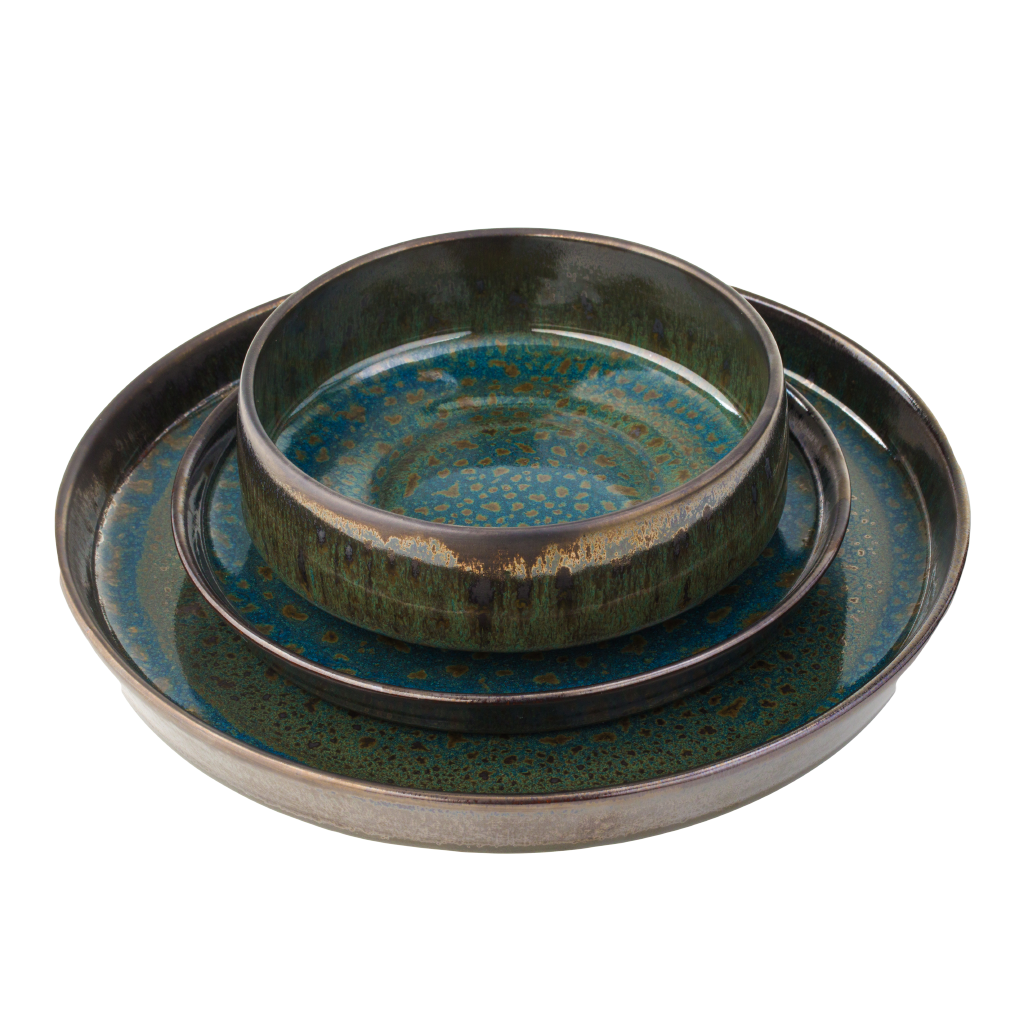 Set 108 Piese Verometal Glazura Albastru Verde Metalic Bronz Metalic Gri, Mat Argintiu ( Farfurie 25 cm, Farfurie 20 cm si Bol 450 ml )