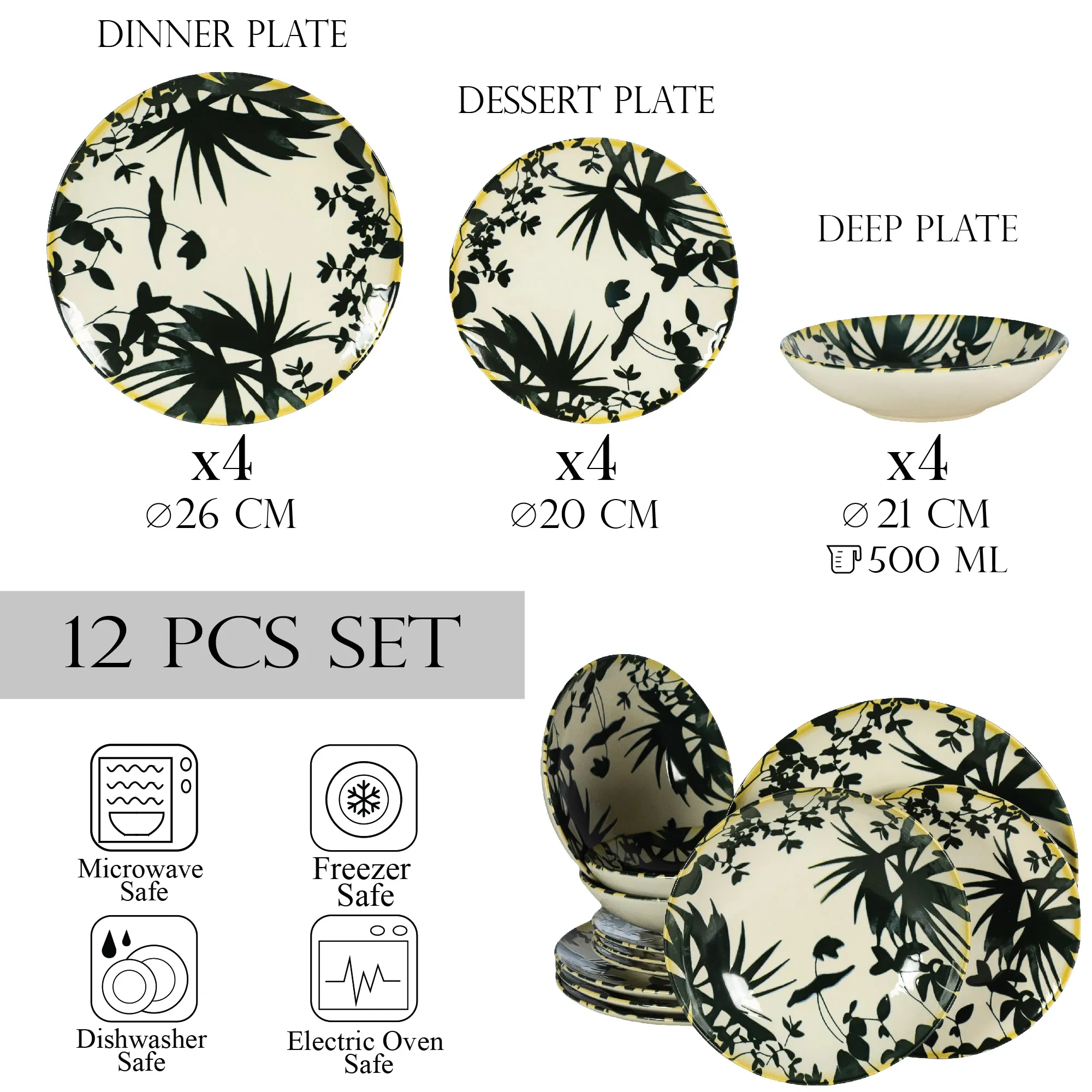 Set 12 Piese Summer 55 Negru: 4 Farfurii Intinse 26cm, 4 Farfurii Desert 20cm  4 Boluri 21cm 500ml 3