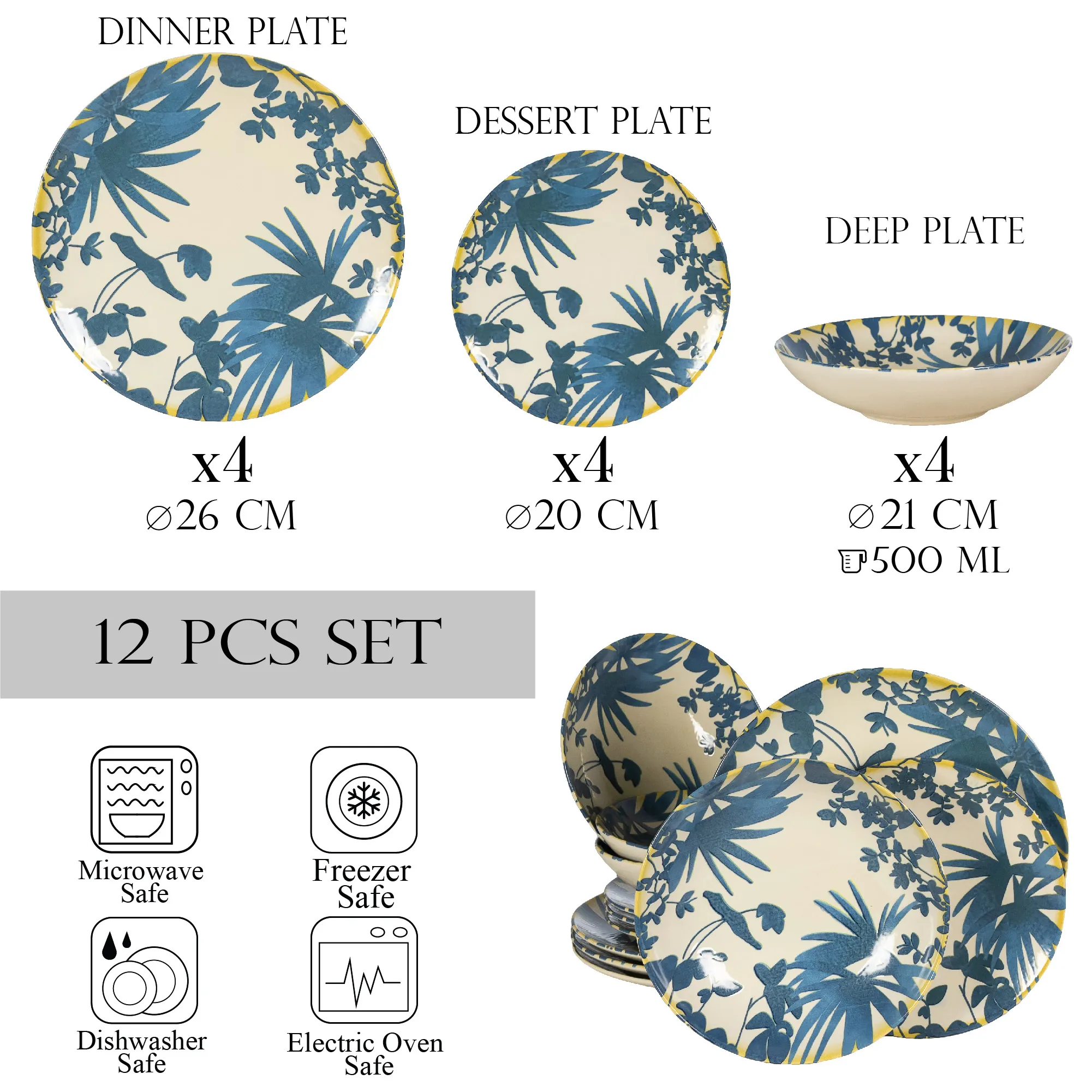 Set 12 Piese Summer 33 Albastru Inchis: 4 Farfurii Intinse 26cm, 4 Farfurii Desert 20cm  4 Boluri 21cm 500ml 3
