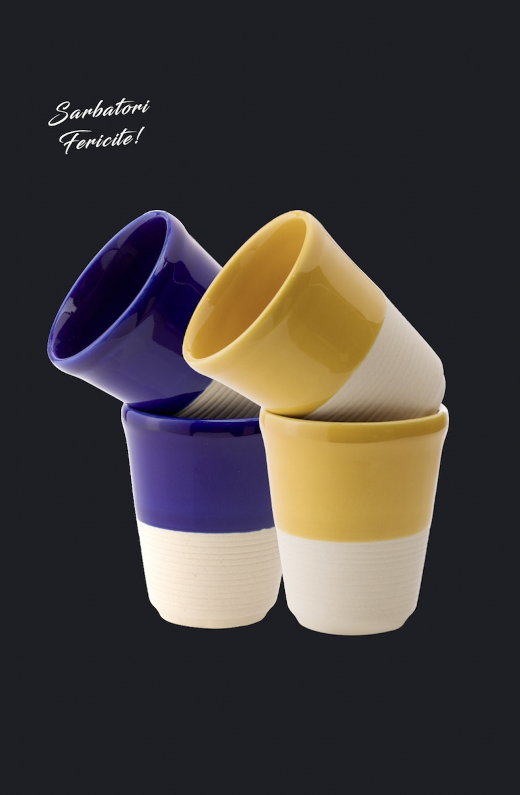 Set Cadou 4 Pahare Ceramica Arhitect Glaze Sarbatori (2 Pahare Albastru Cobalt 200ml, 2 Pahare Galbene 200ml) 3
