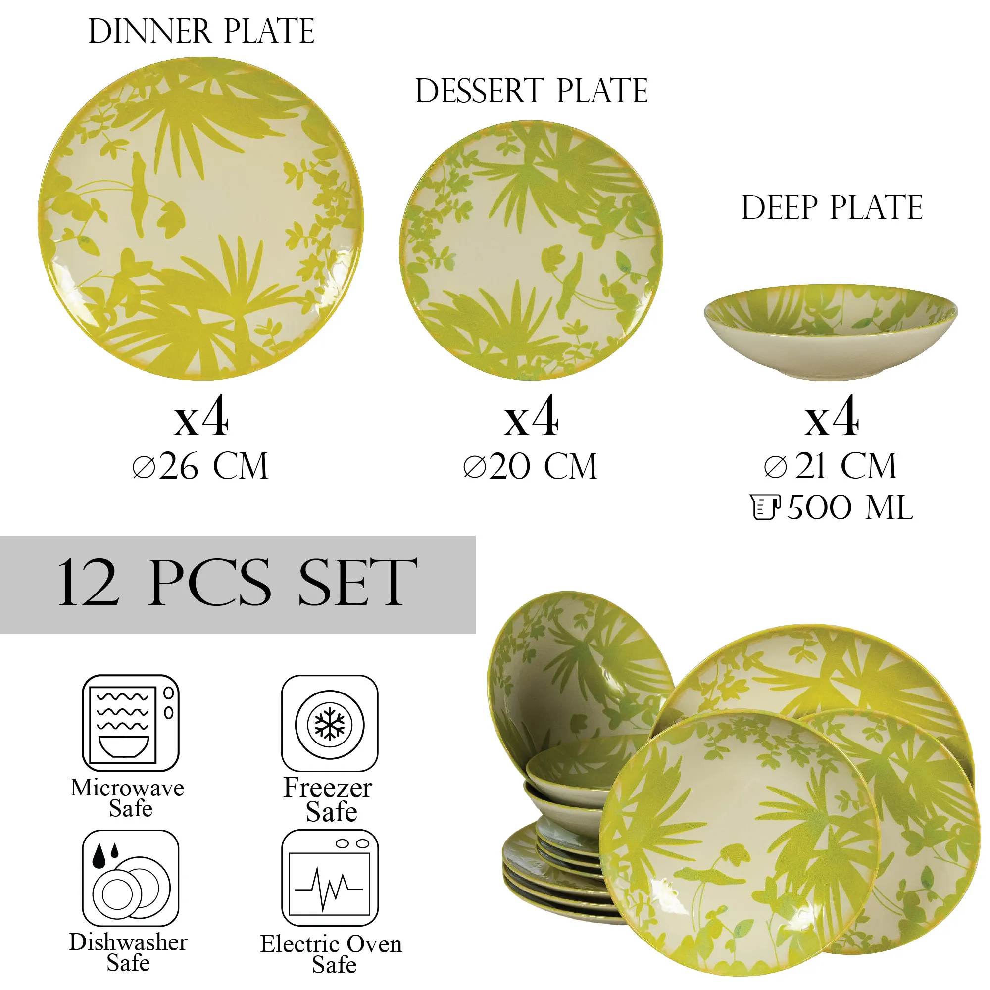 Set 12 Piese Summer 77 Verde: 4 Farfurii Intinse 26cm, 4 Farfurii Desert 20cm  4 Boluri 21cm 500ml 3