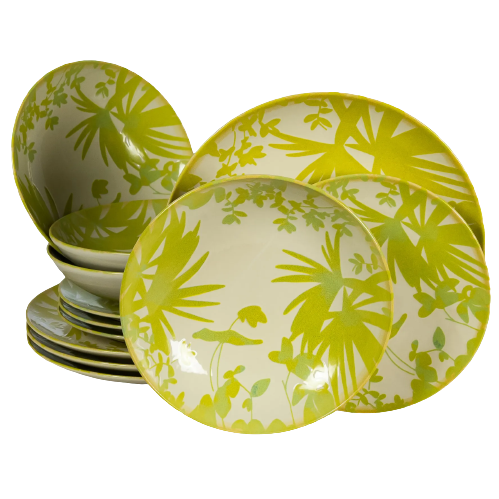 Set 12 Piese Summer 77 Verde: 4 Farfurii Intinse 26cm, 4 Farfurii Desert 20cm  4 Boluri 21cm 500ml