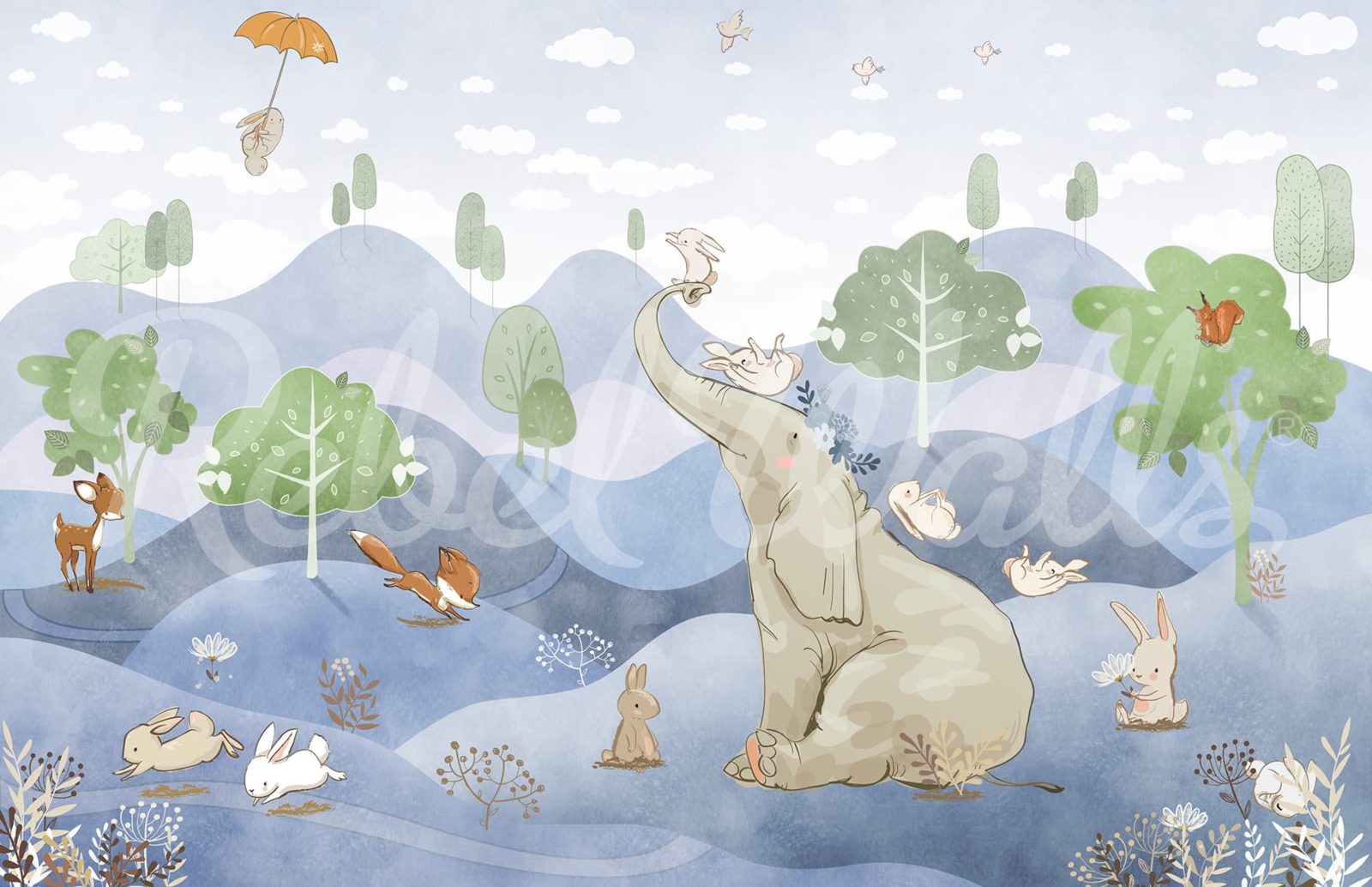Elephant and Friends, Blue, Rebel Walls