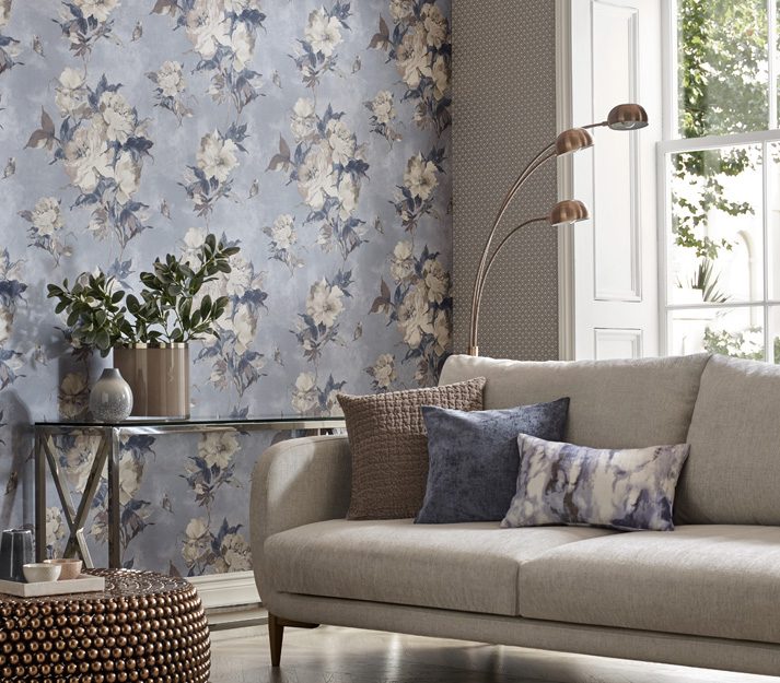 Madama Butterfly, Denim Blue Luxury Floral, 1838 Wallcoverings, 5.3mp / rola 2