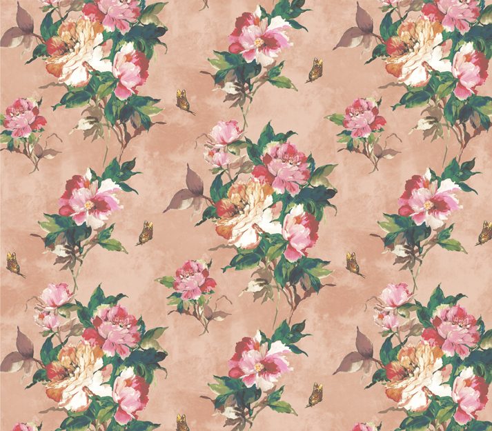 Madama Butterfly, Coral Rose Luxury Floral, 1838 Wallcoverings, 5.3mp / rola