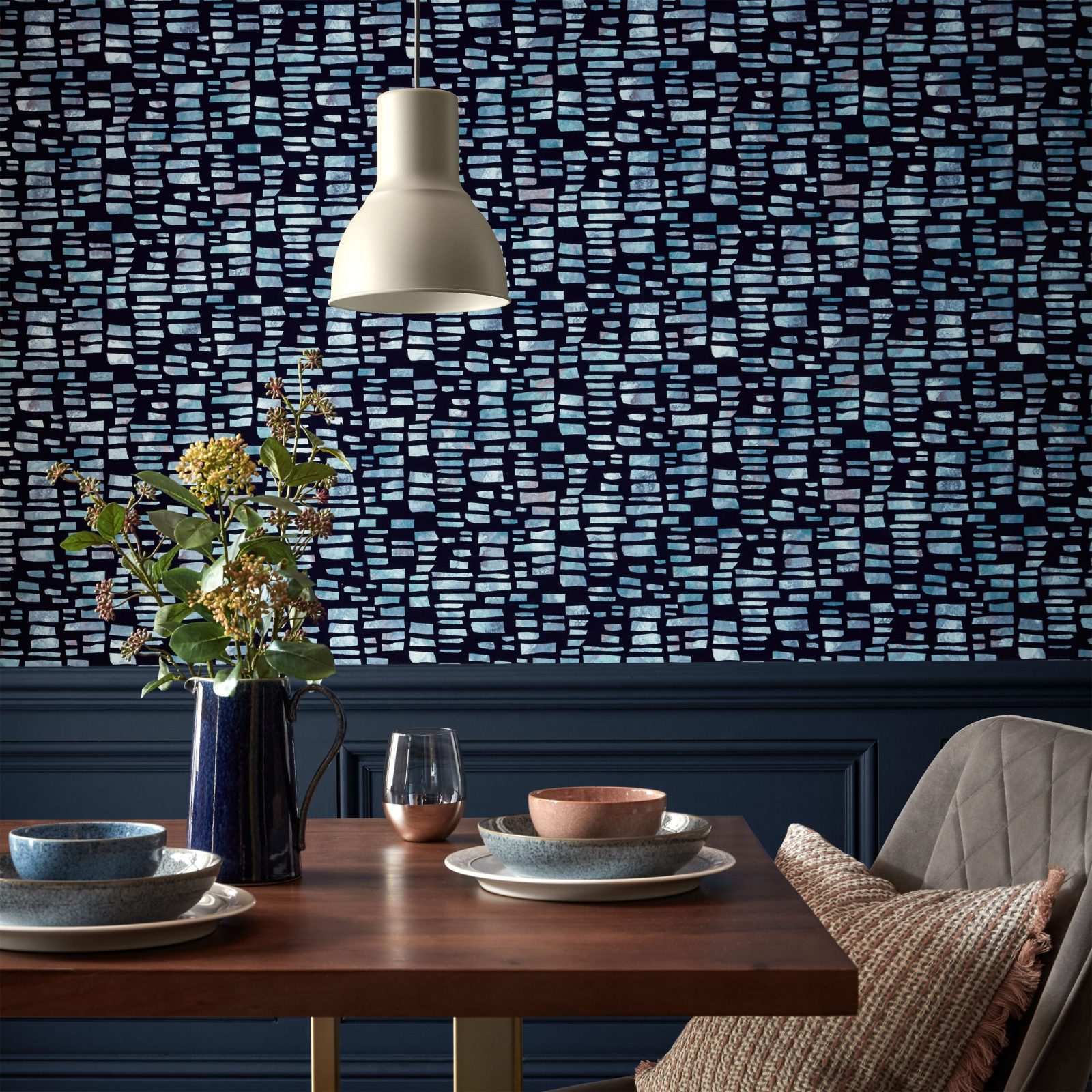 Fusion, Blue Dusk Luxury Flock, 1838 Wallcoverings, 5.3mp / rola 2