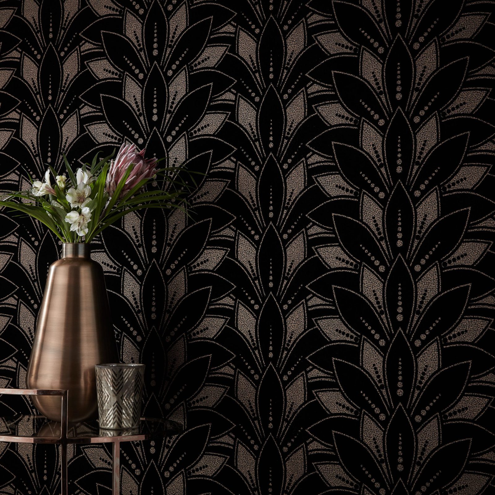 Astoria, Jet Black Luxury Flock, 1838 Wallcoverings, 5.3mp / rola 2