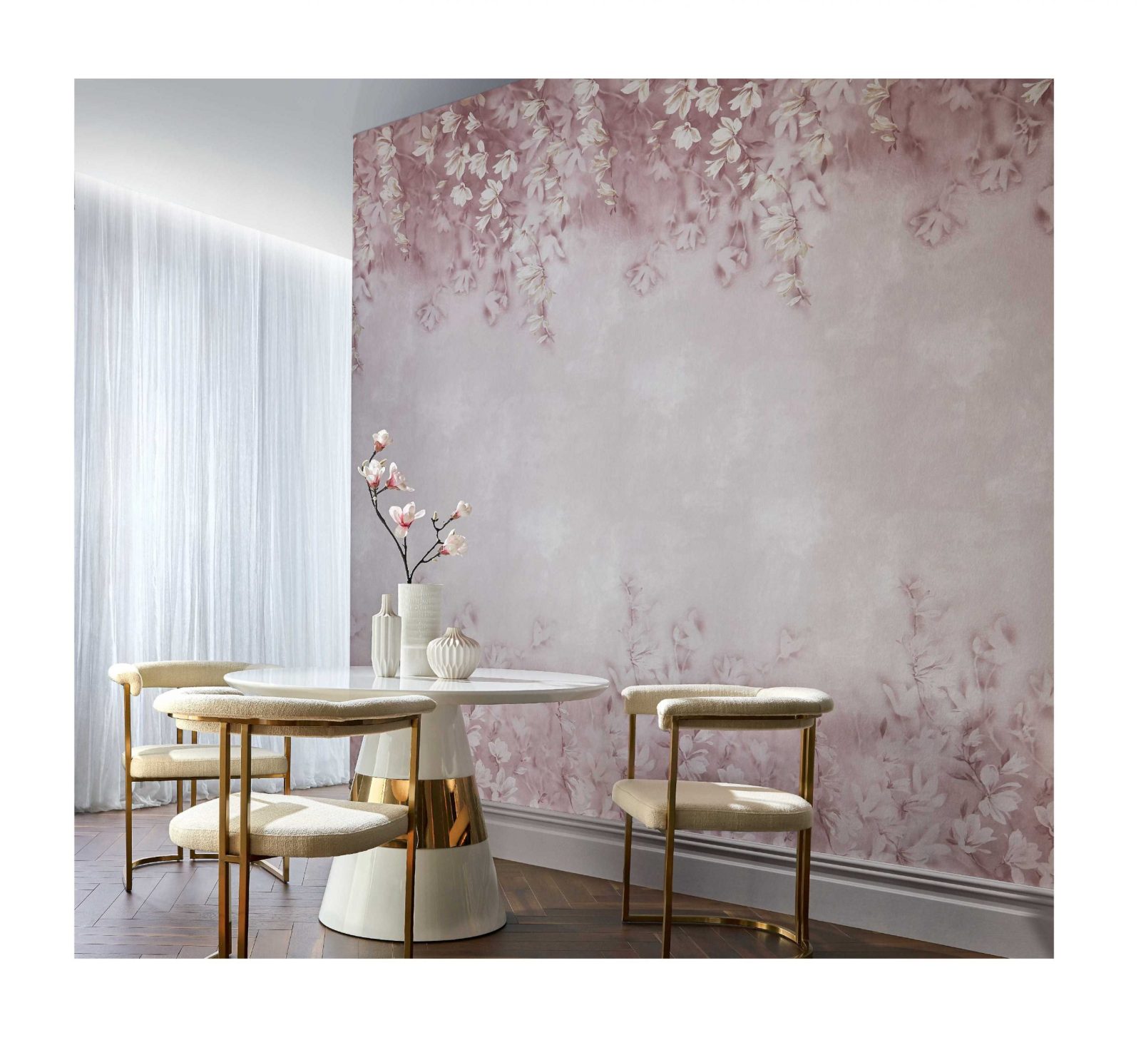 Trailing Magnolia, Blush Pink Luxury Floral, 1838 Wallcoverings, 6.5mp / rola 2