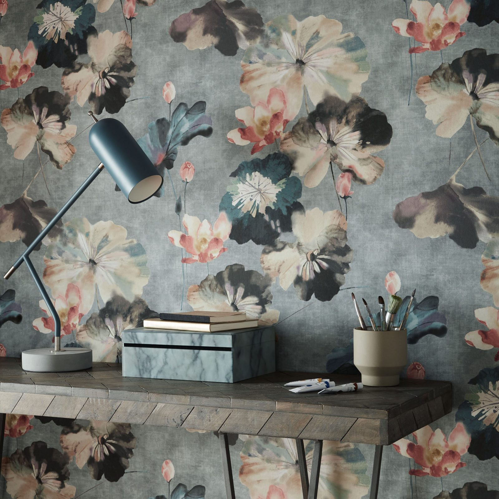 Water Lilies, Mineral Green Luxury Floral, 1838 Wallcoverings, 5.3mp / rola 2
