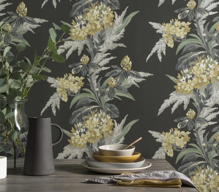 Aurora, Jet Black Luxury Floral, 1838 Wallcoverings, 5.3mp / rola 2