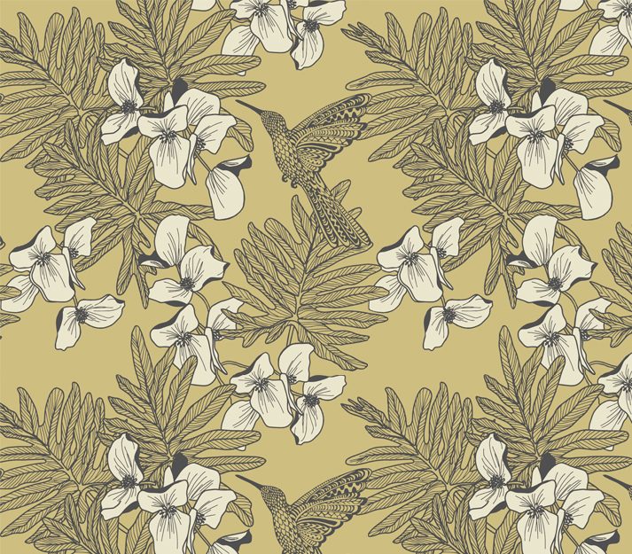 Hummingbird, Mustard Yellow Luxury Bird, 1838 Wallcoverings, 5.3mp / rola