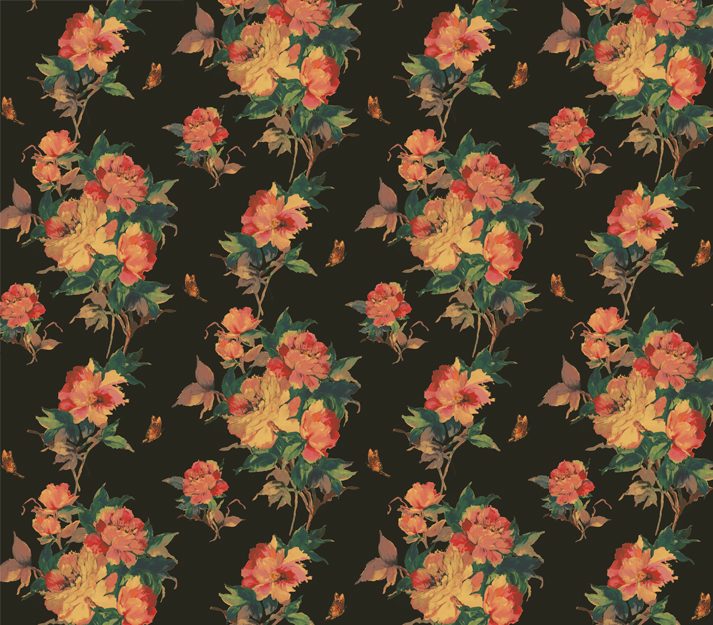 Madama Butterfly, Ebony Black Luxury Floral, 1838 Wallcoverings, 5.3mp / rola