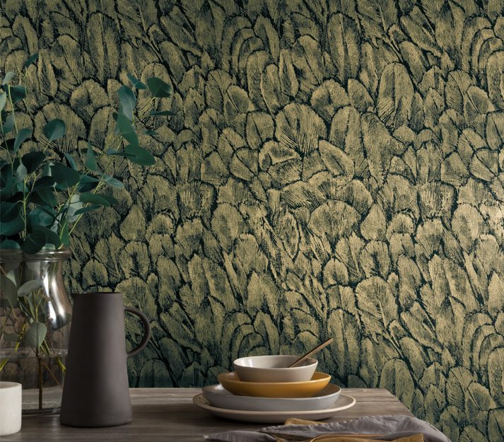 Tranquil, Jet Black and Gold Foil Luxury Feather, 1838 Wallcoverings, 5.3mp / rola 2