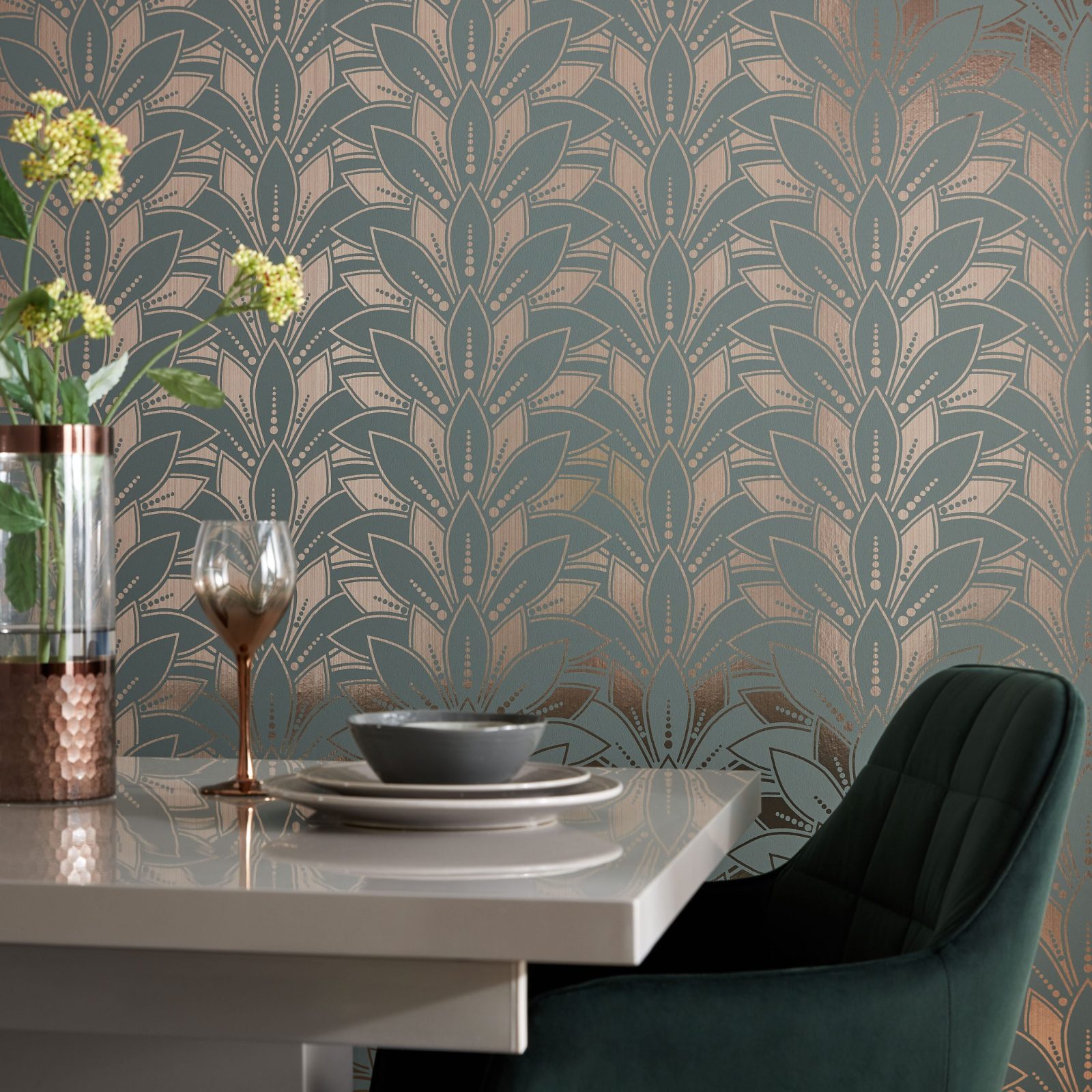 Astoria, Neo Mint Green and Gold Luxury Foil, 1838 Wallcoverings, 5.3mp / rola 2