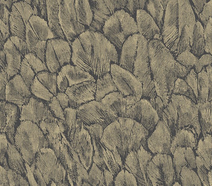 Tranquil, Jet Black and Gold Foil Luxury Feather, 1838 Wallcoverings, 5.3mp / rola