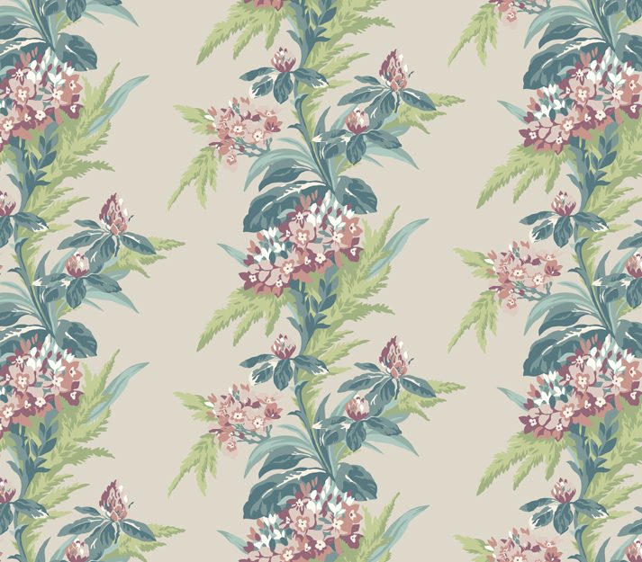 Aurora, Moss Green and Pink Luxury Floral, 1838 Wallcoverings, 5.3mp / rola