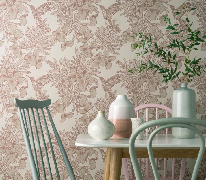 Hummingbird, Beach Pink Luxury Bird, 1838 Wallcoverings, 5.3mp / rola 2