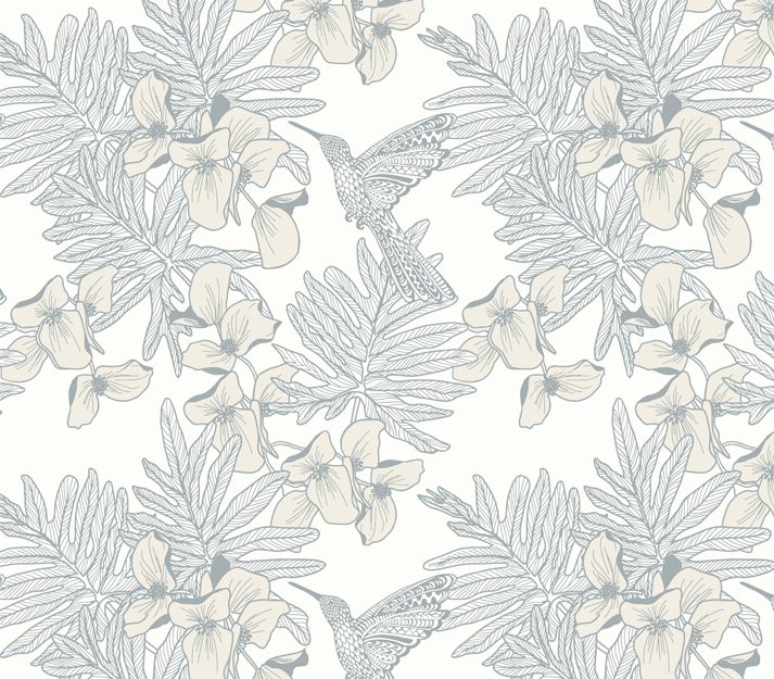 Hummingbird, Mist Grey Luxury Floral, 1838 Wallcoverings, 5.3mp / rola