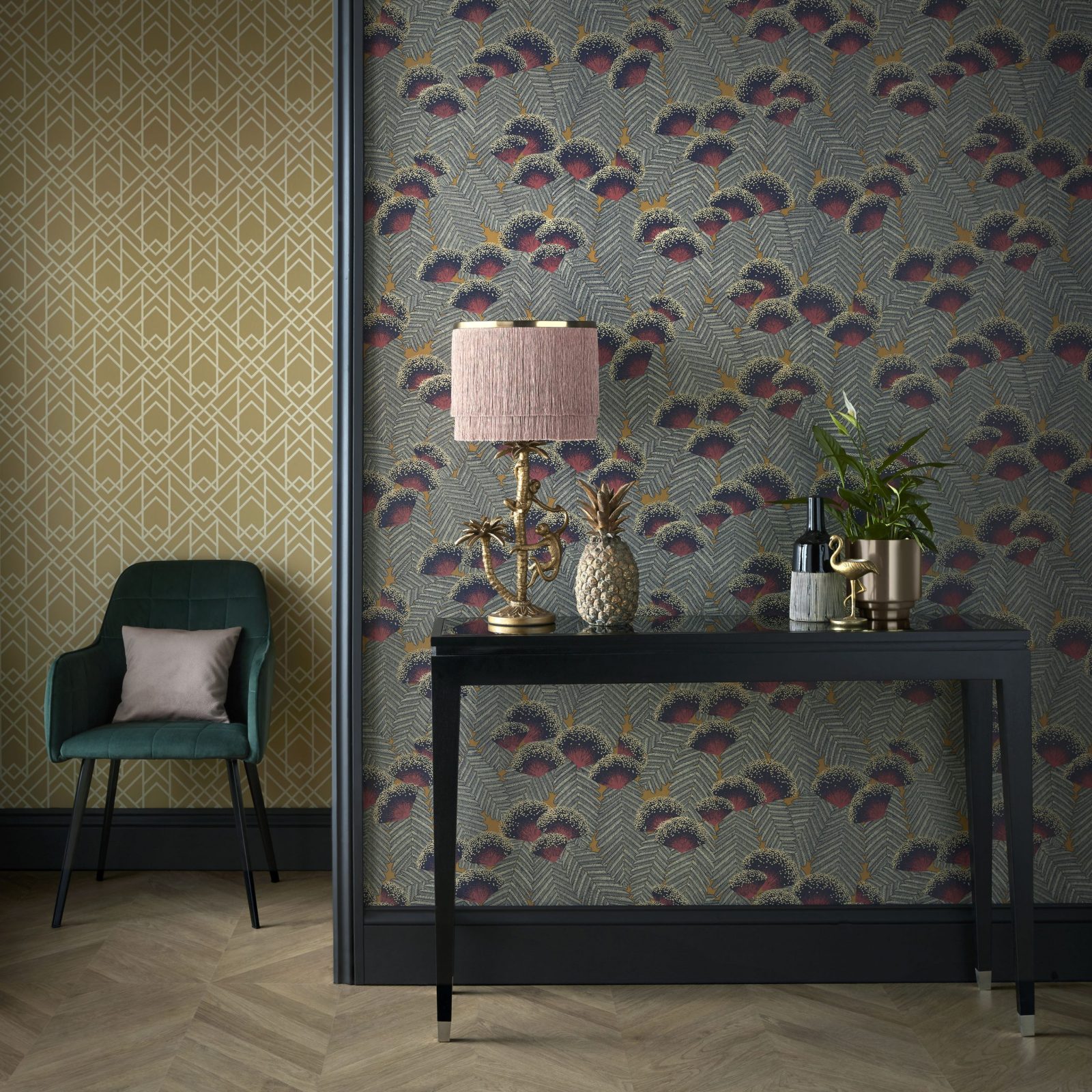Clarice, Jet Black Luxury Art Deco, 1838 Wallcoverings, 5.3mp / rola 2