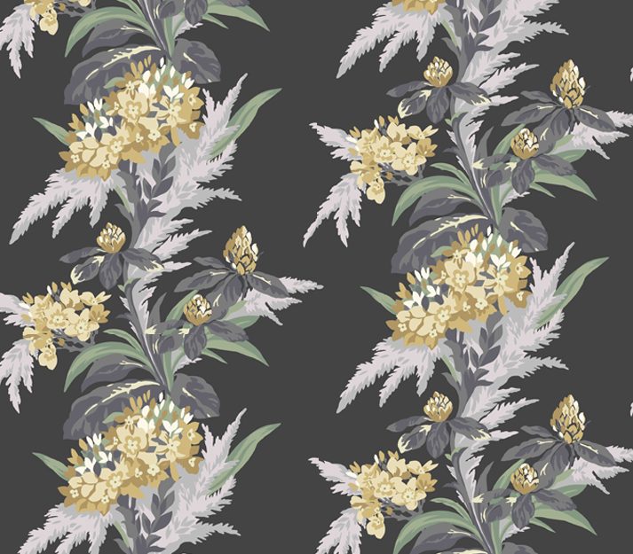 Aurora, Jet Black Luxury Floral, 1838 Wallcoverings, 5.3mp / rola