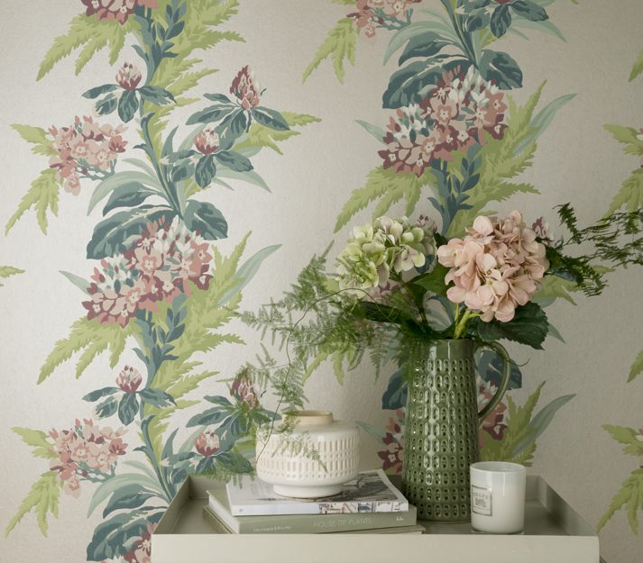 Aurora, Moss Green and Pink Luxury Floral, 1838 Wallcoverings, 5.3mp / rola 2