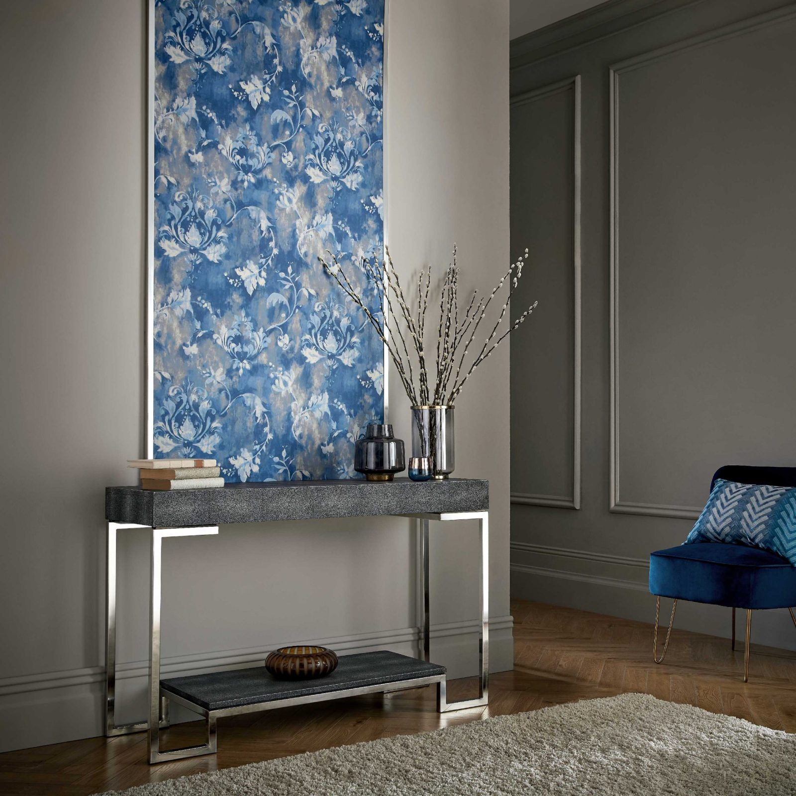 Ornamenta, Indigo Blue Luxury Damask, 1838 Wallcoverings, 5.3mp / rola 2