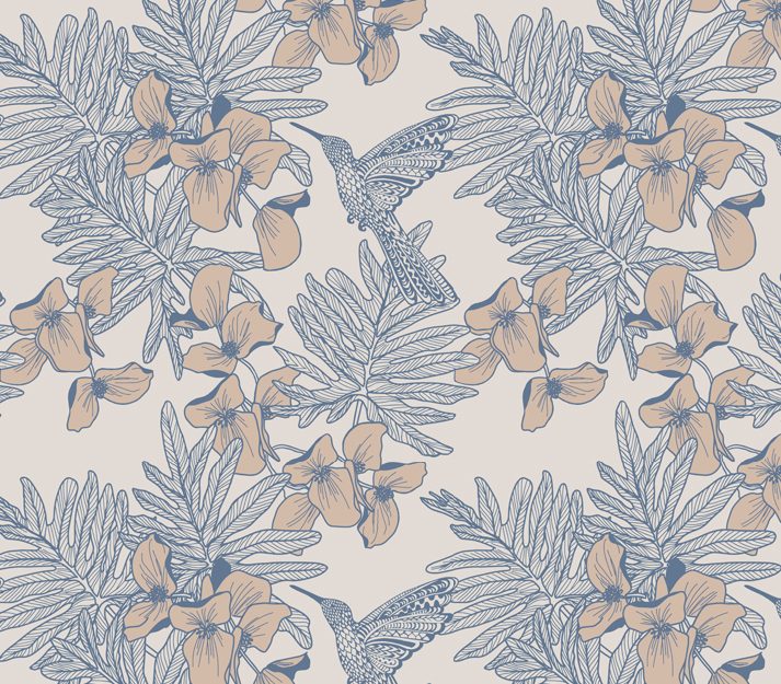 Hummingbird, Lagoon Blue Luxury Floral, 1838 Wallcoverings, 5.3mp / rola