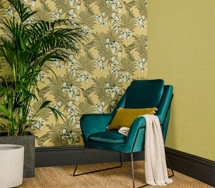 Hummingbird, Mustard Yellow Luxury Bird, 1838 Wallcoverings, 5.3mp / rola 2