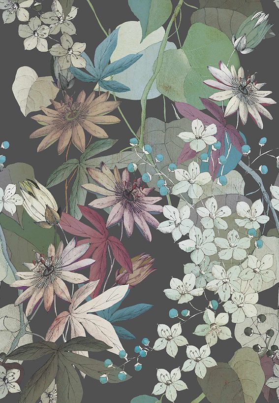 Clematis, Ebony Black Luxury Floral, 1838 Wallcoverings, 6.5mp / rola