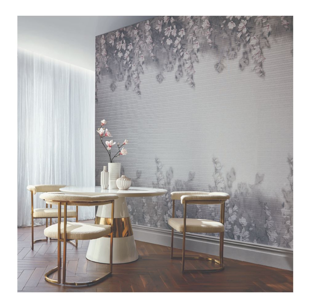 Trailing Magnolia, Mist Grey Luxury Floral Paperweave, 1838 Wallcoverings, 5.2mp / rola 2
