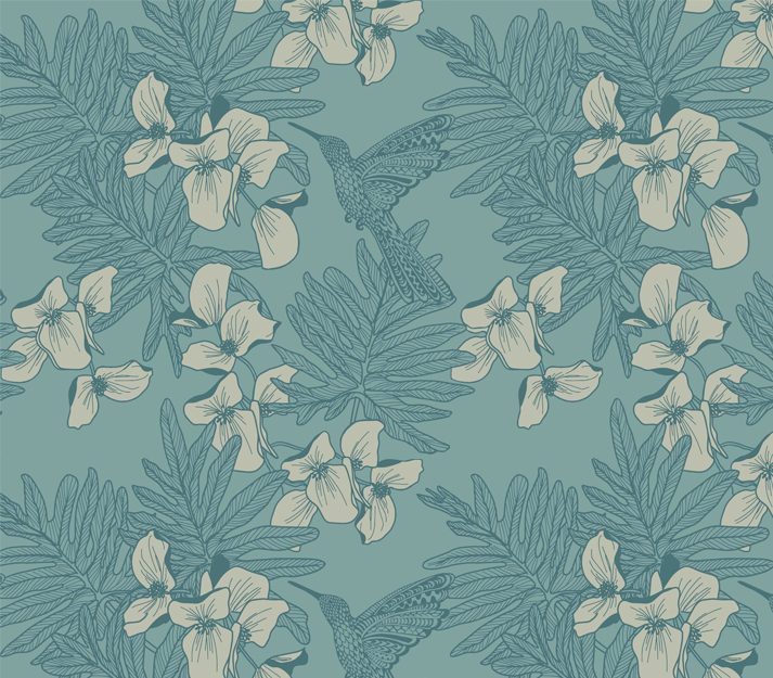 Hummingbird, Seafoam Teal Luxury Bird, 1838 Wallcoverings, 5.3mp / rola
