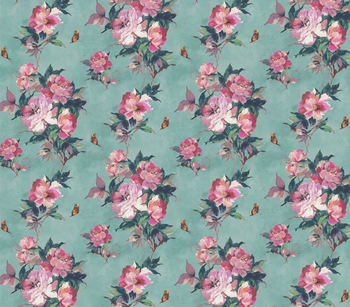 Madama Butterfly, Teal Green Luxury Floral, 1838 Wallcoverings, 5.3mp / rola