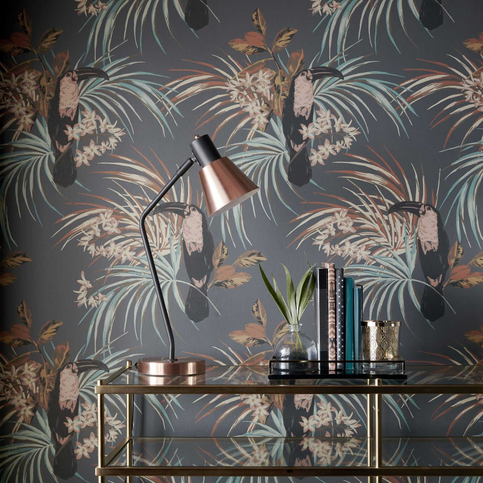 Le Toucan, Charcoal Black Luxury Bird, 1838 Wallcoverings, 5.3mp / rola 2