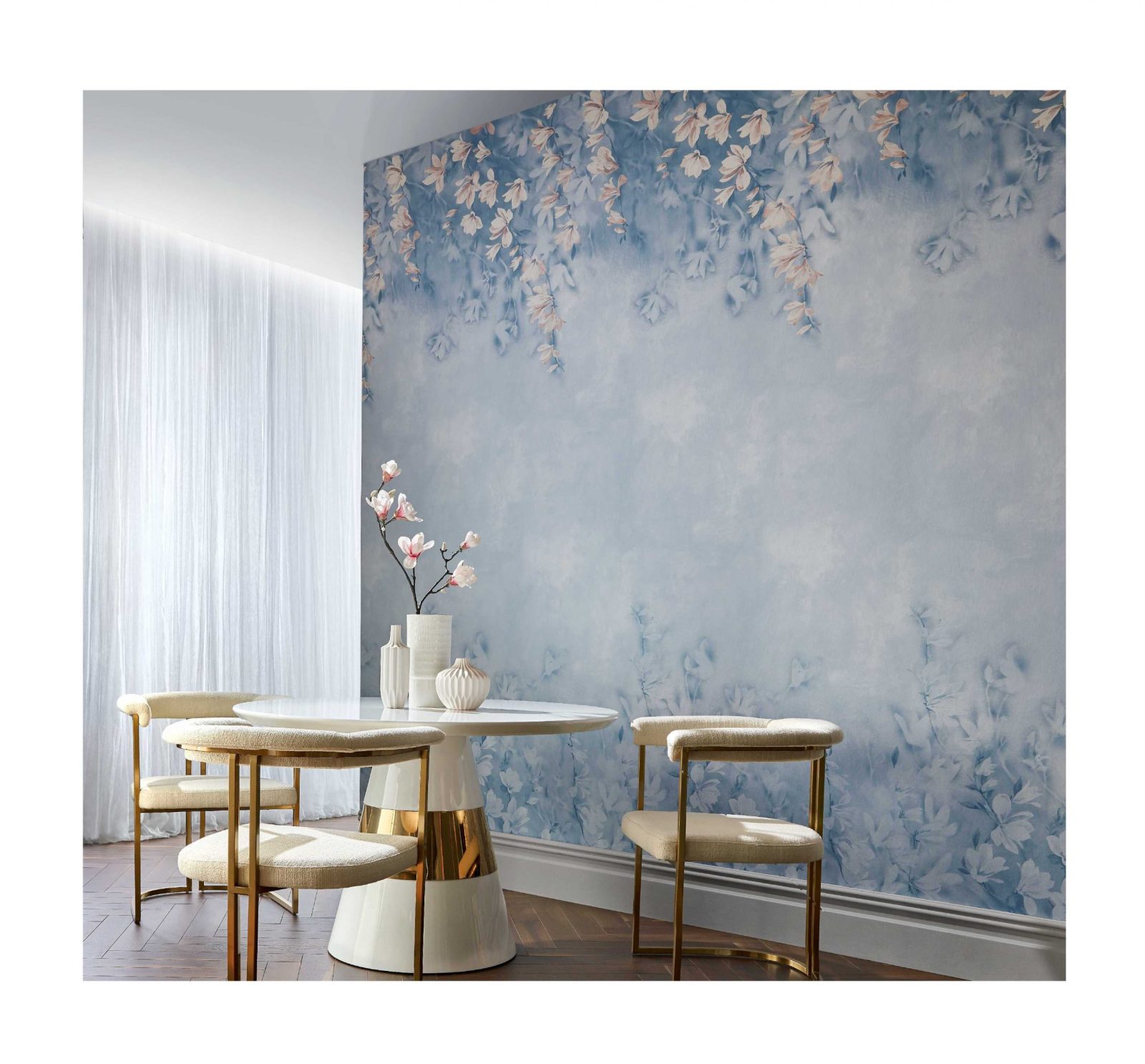 Trailing Magnolia, Chambray Blue Luxury Floral, 1838 Wallcoverings, 6.5mp / rola 2
