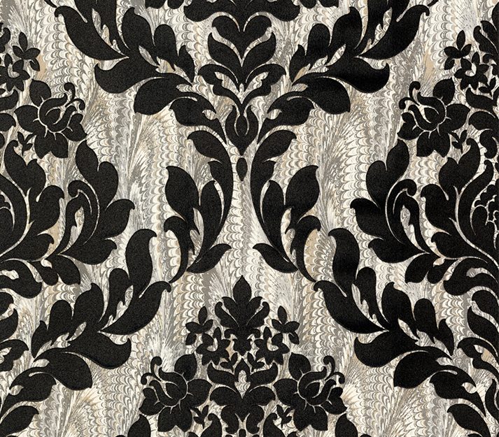 Faversham, Charcoal Black Luxury Flock, 1838 Wallcoverings, 5.3mp / rola