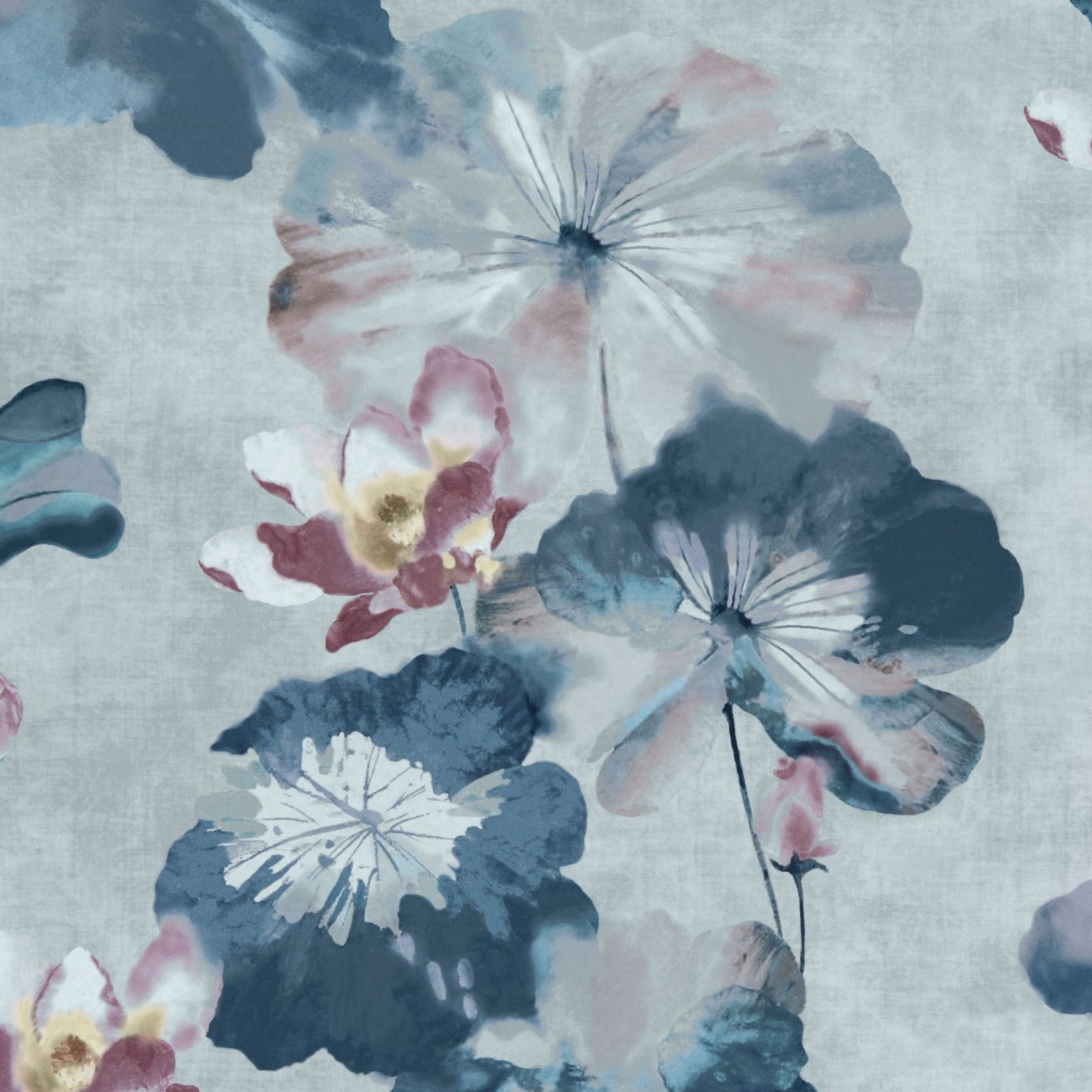 Water Lilies, Blue Dusk Luxury Floral, 1838 Wallcoverings, 5.3mp / rola