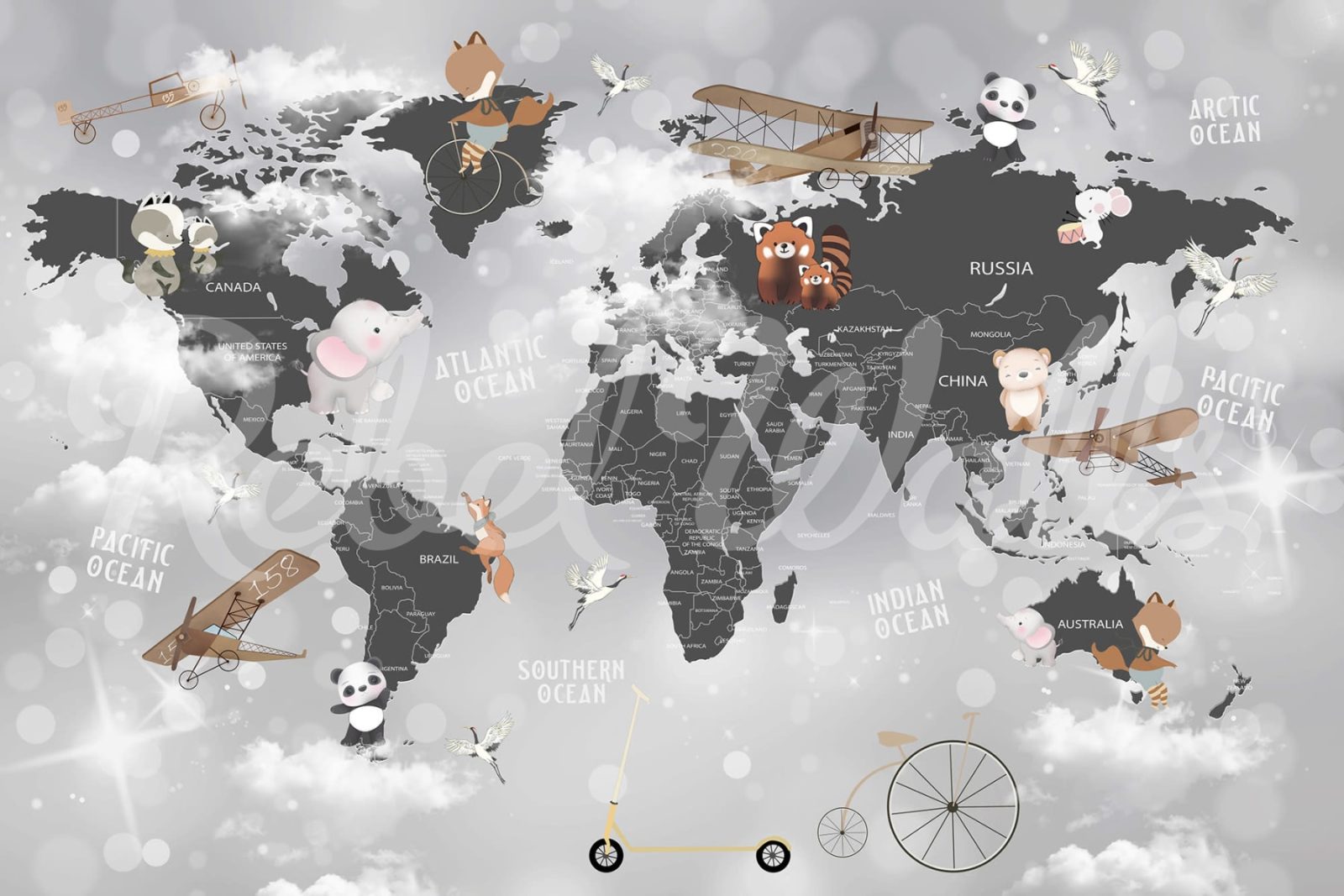 Animal World Map, Gray, Rebel Walls