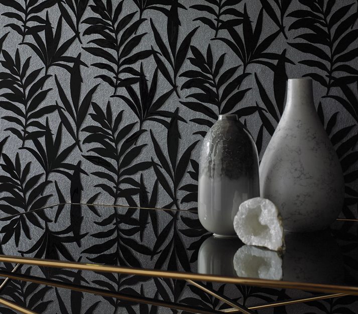 Verdi, Ebony Black Luxury Flock, 1838 Wallcoverings, 5.3mp / rola 2