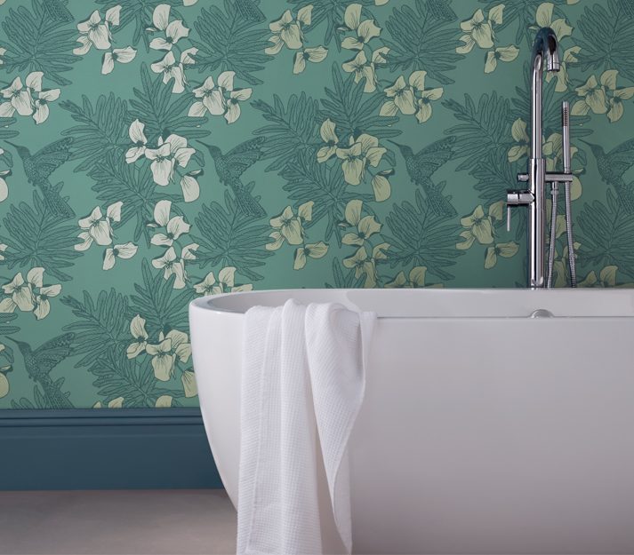 Hummingbird, Seafoam Teal Luxury Bird, 1838 Wallcoverings, 5.3mp / rola 2