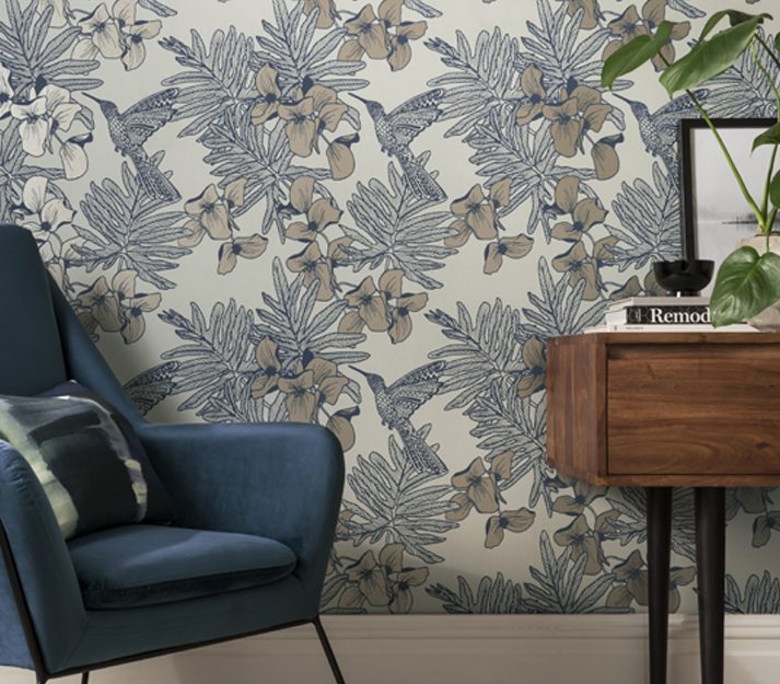 Hummingbird, Lagoon Blue Luxury Floral, 1838 Wallcoverings, 5.3mp / rola 2
