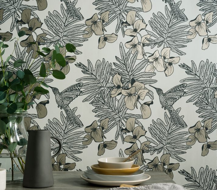 Hummingbird, Jet Black and Metallic Luxury Bird, 1838 Wallcoverings, 5.3mp / rola 2