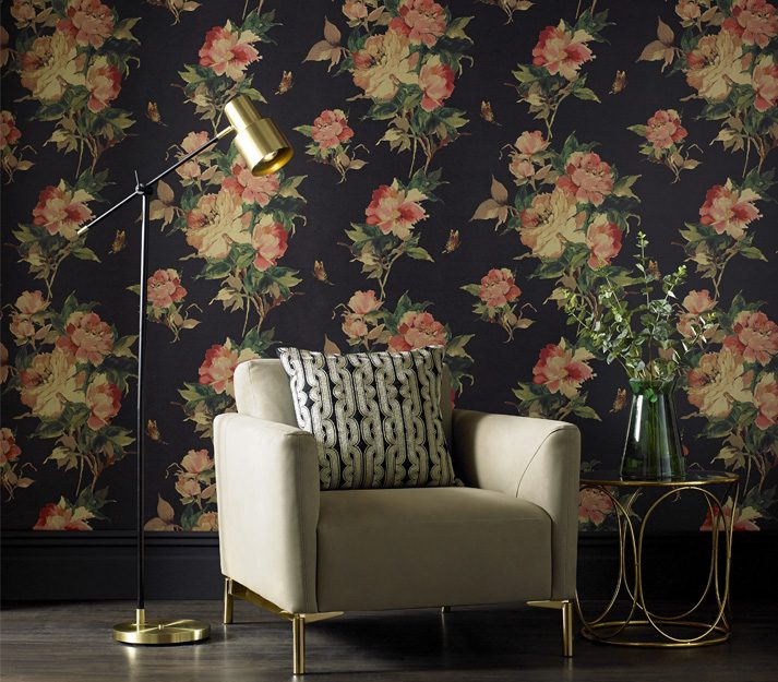 Madama Butterfly, Ebony Black Luxury Floral, 1838 Wallcoverings, 5.3mp / rola 2