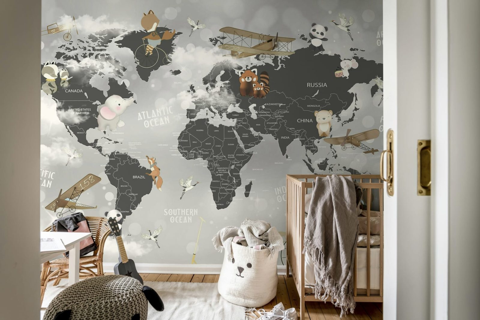 Animal World Map, Gray, Rebel Walls 3