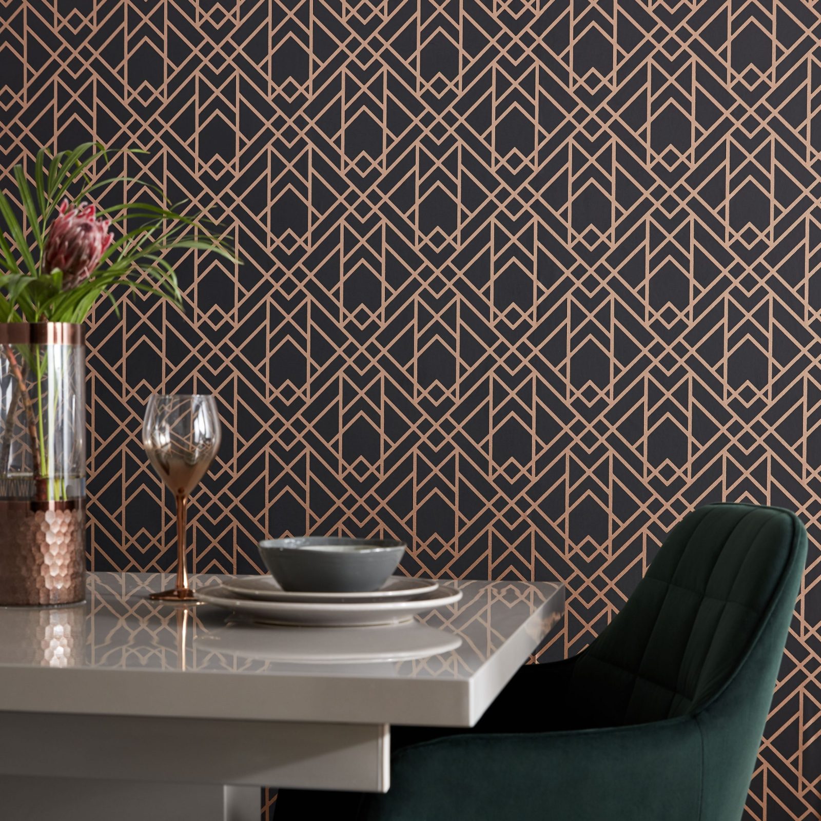 Metro, Jet Black and Gold Luxury Geometric, 1838 Wallcoverings, 5.3mp / rola 2