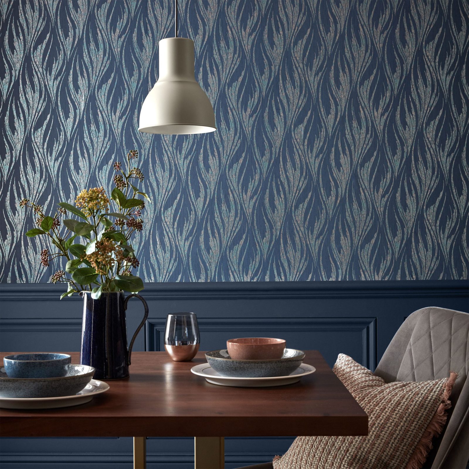 Ripple, Blue Dusk Luxury Feature, 1838 Wallcoverings, 5.3mp / rola 2