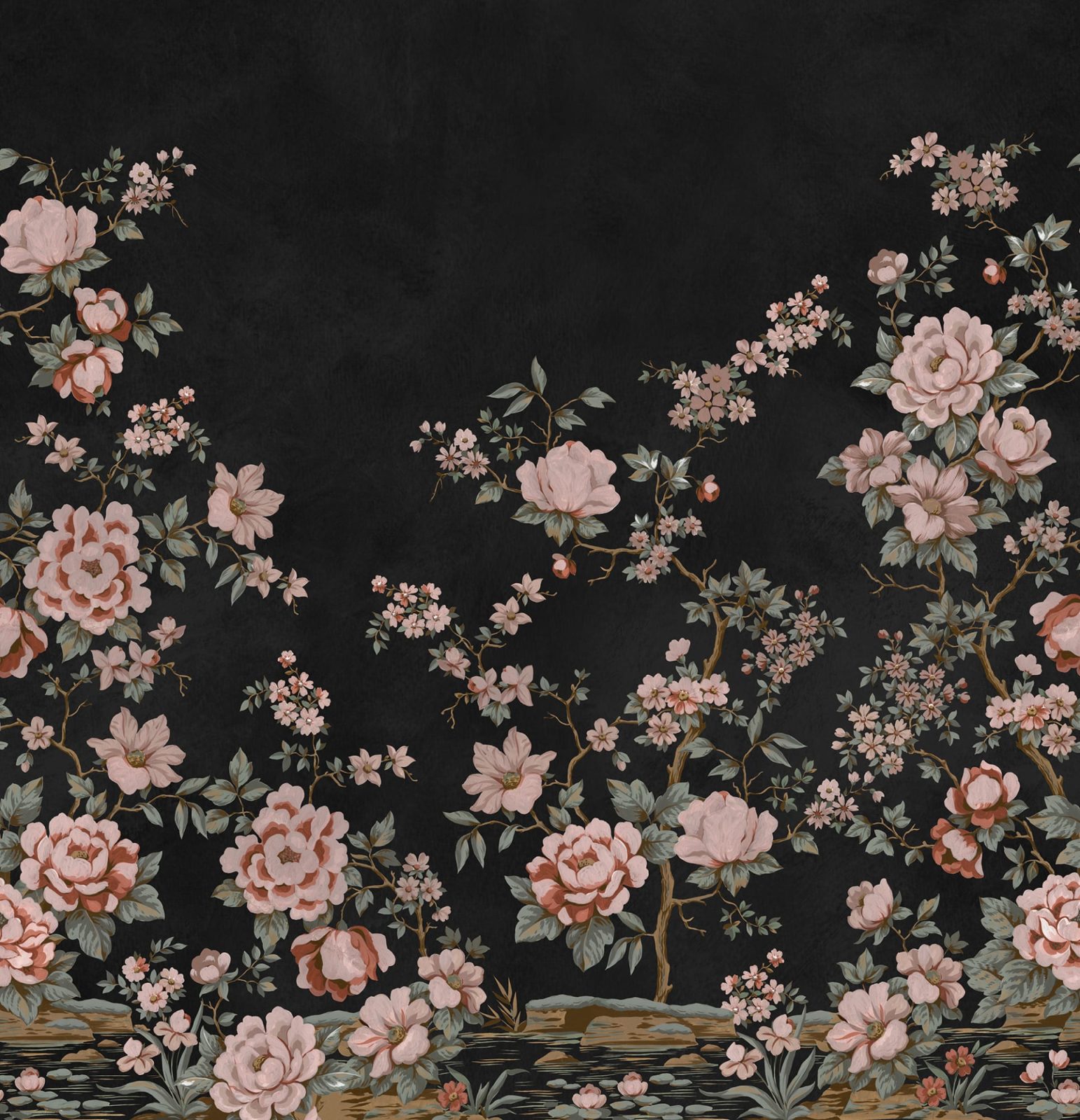 Floral Chinoiserie, Black, Rebel Walls