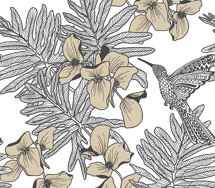Hummingbird, Jet Black and Metallic Luxury Bird, 1838 Wallcoverings, 5.3mp / rola